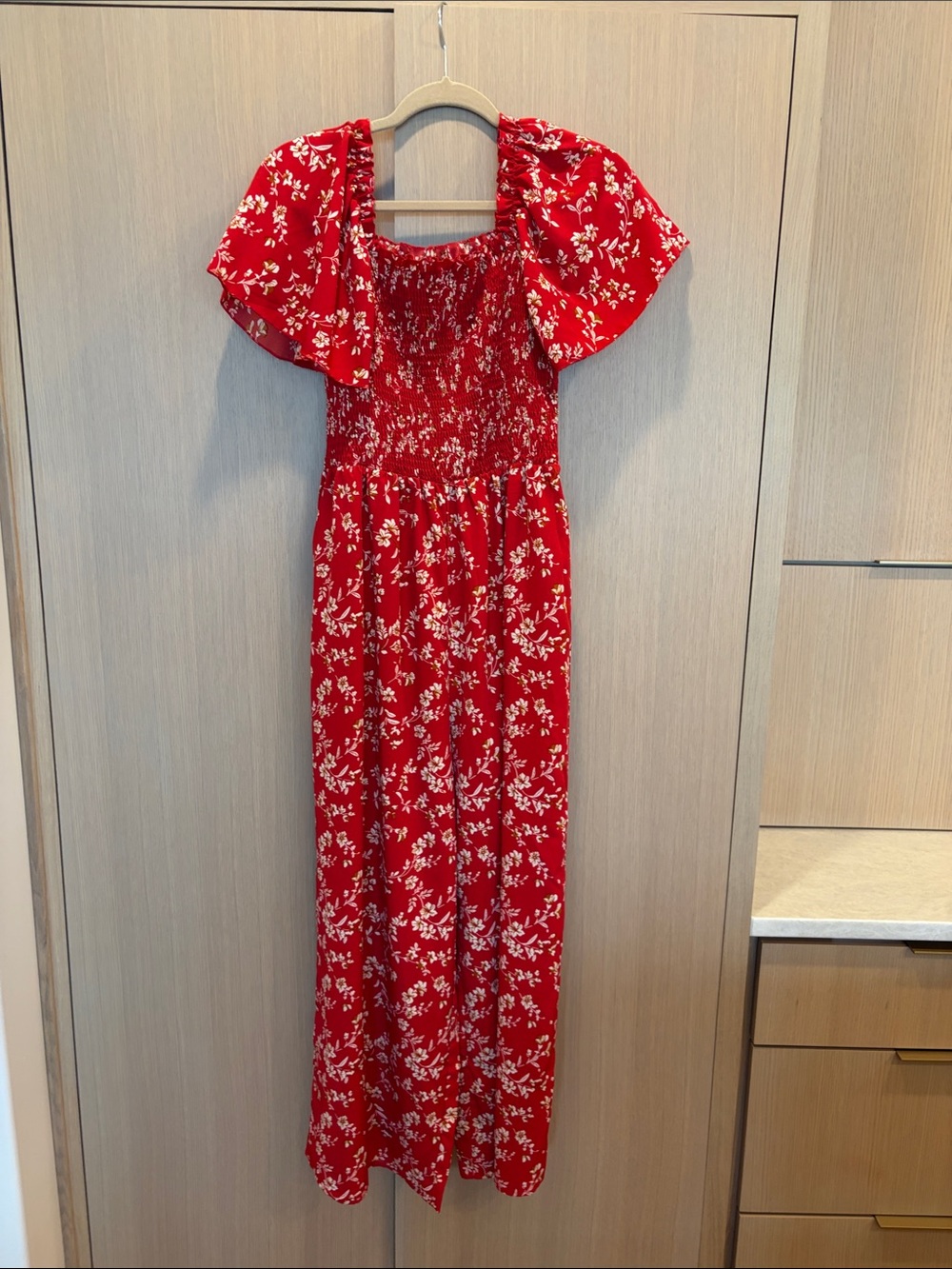 Red Floral Smocked Jumpsuit